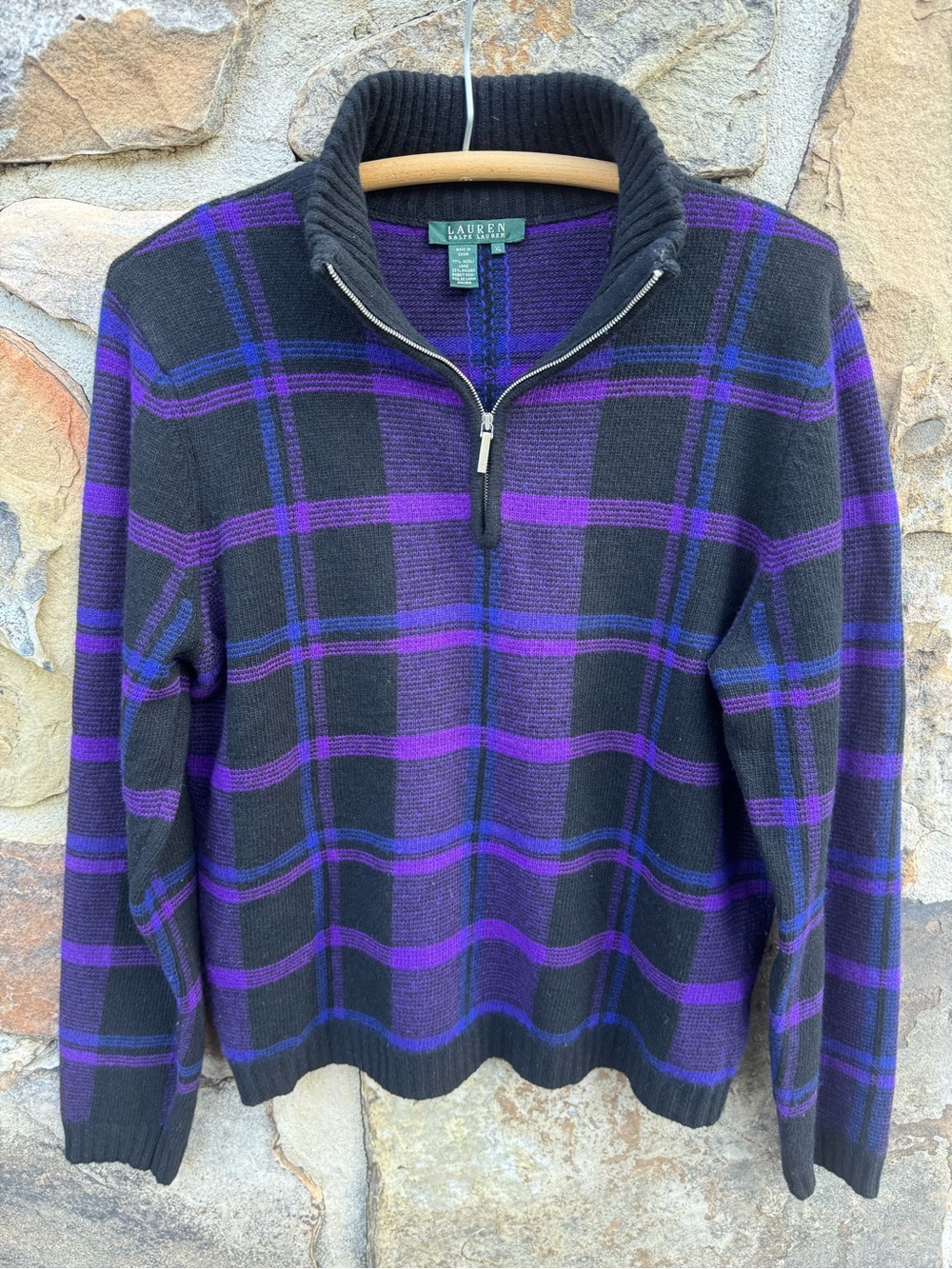 Lauren Ralph Lauren Black & Purple Plaid Half-Zip Sweater Large Equestrian